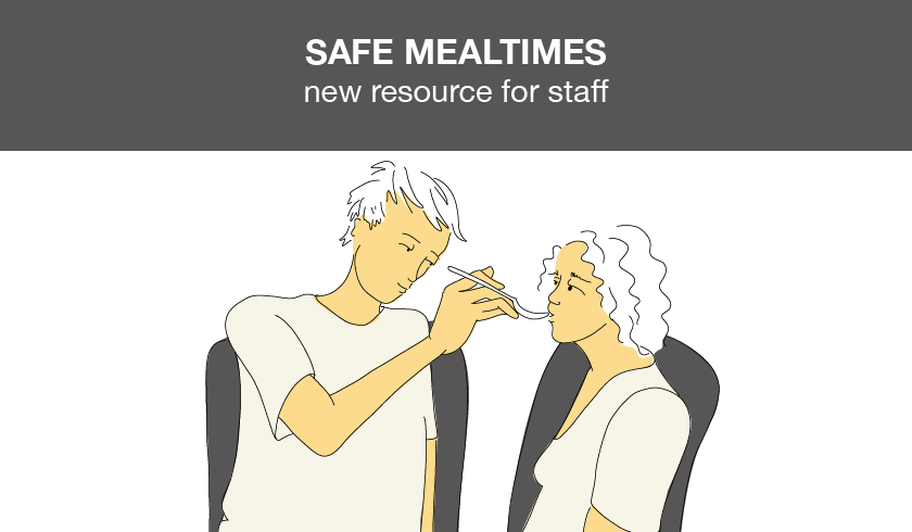 Illustration of a support worker assiting with meal. 