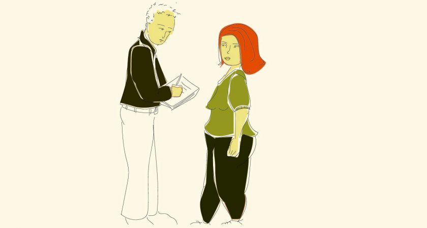 Illustration: Man interviewing woman 
